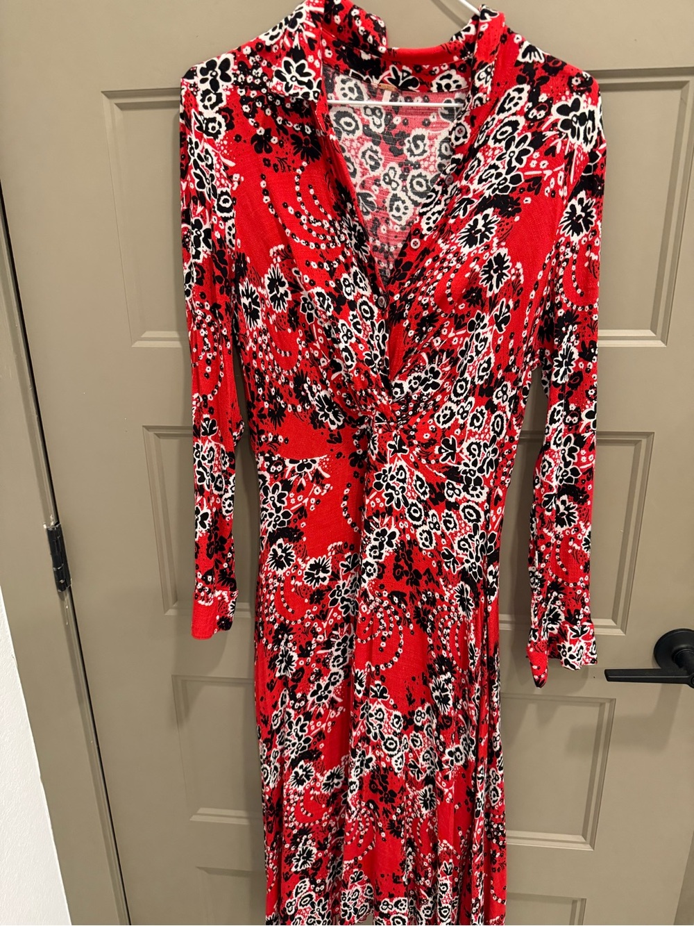 Free People Red Black White Floral Twist-Front Long Sleeve Maxi Dress